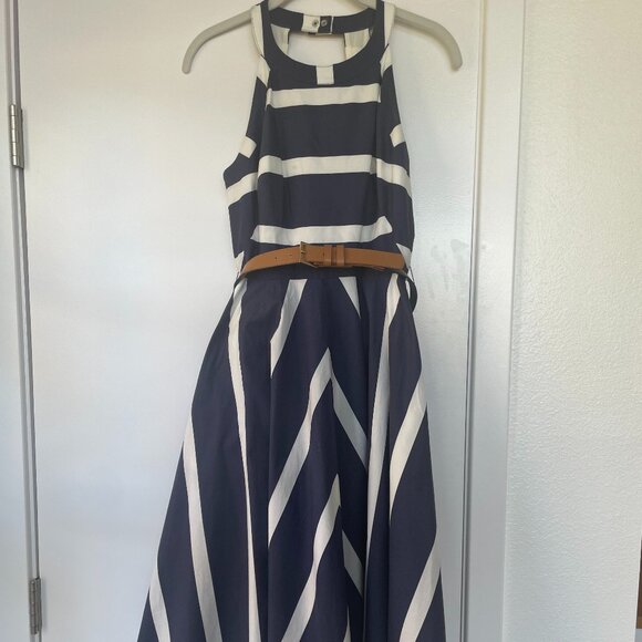 Eliza J A-line Striped, Belted‎ Dress, Sleevless Navy and White, Size 2 - Picture 1 of 7